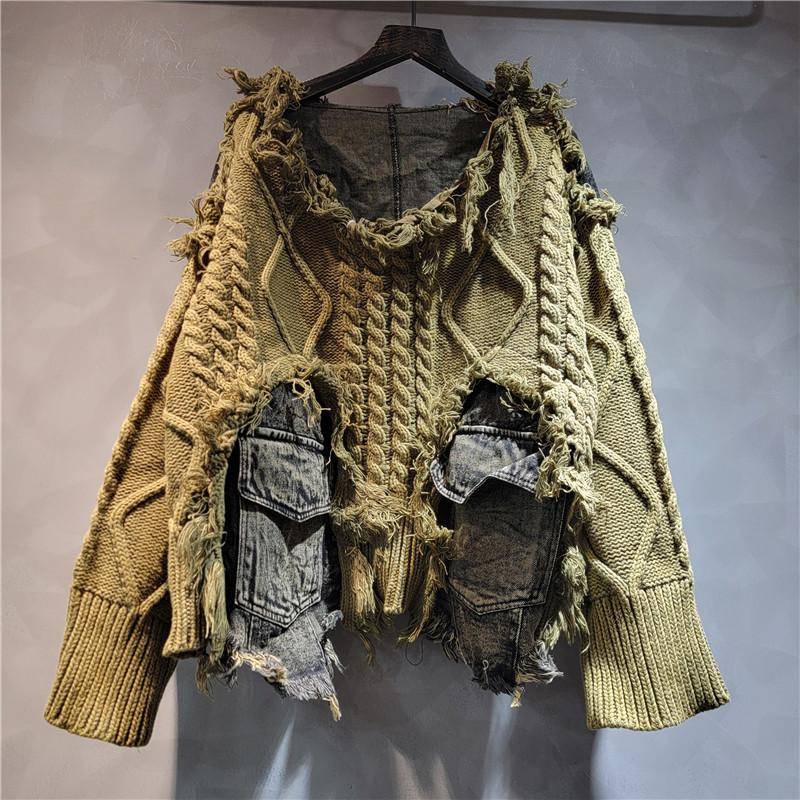 Damen Unregelmäßiger Do Old Pullover Patchwork Taschen Design Vintage Gewaschener Denim Pullover 2XL von Joom DACH
