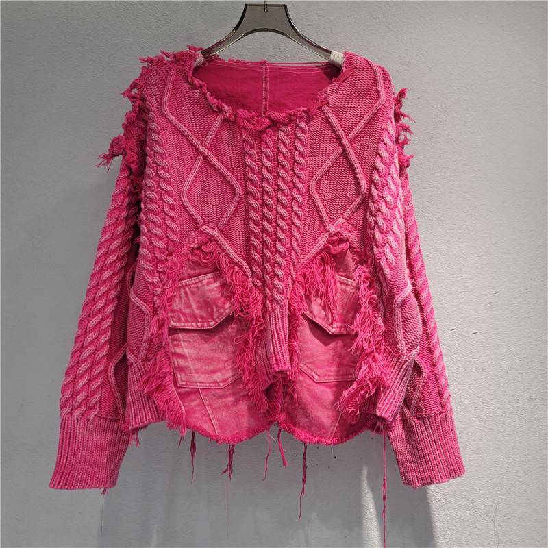 Damen Unregelmäßiger Do Old Pullover Patchwork Taschen Design Vintage Gewaschener Denim Pullover 2XL von Joom DACH