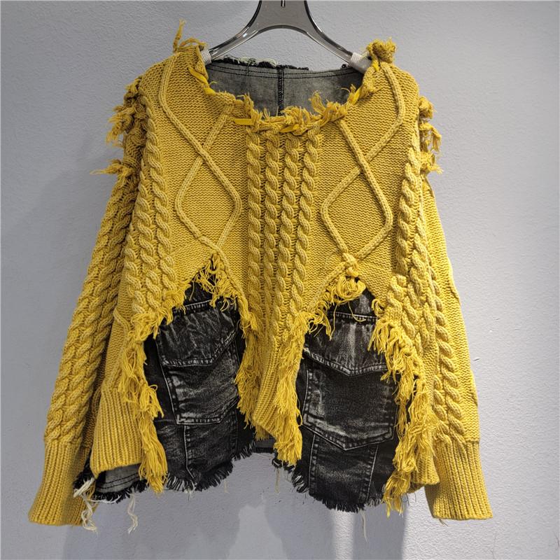 Damen Unregelmäßiger Do Old Pullover Patchwork Taschen Design Vintage Gewaschener Denim Pullover 2XL von Joom DACH