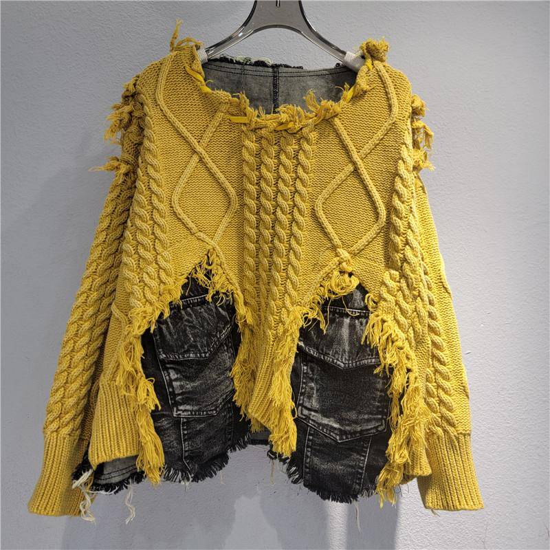 Damen Unregelmäßiger Do Old Pullover Patchwork Taschen Design Vintage Gewaschener Denim Pullover 2XL von Joom DACH