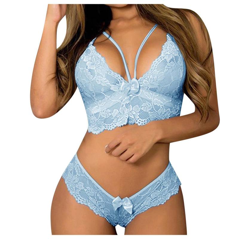 Damen-Unterwäsche aus Spitze, gehäkelt, Ausschnitt, Teddy-Dessous, Stickerei, Gaze S blau von Joom DACH