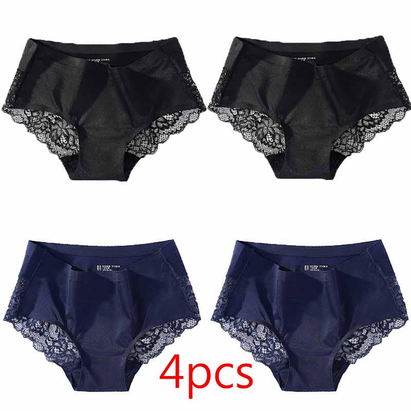 Damen-Unterwäsche aus spurloser Eisseide, luxuriöser Dreiecks-Slip mit Perlenspitze und Nähten 2XL blau/schwarz von Joom DACH