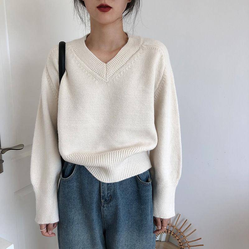Damen V-Ausschnitt Pullover Retro Japanischer Stil Pullover Lockerer Pullover Damen Einfarbig Strickpullover Pullover Oberteil Herbst und Winter S weiß von Joom DACH
