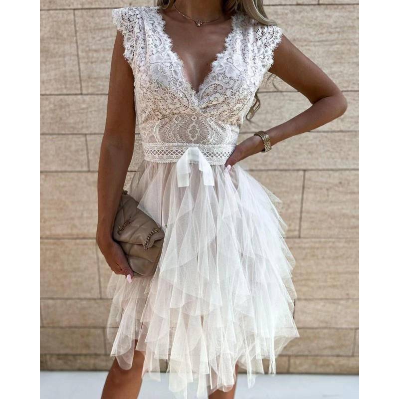 Damen V-Ausschnitt Spitze ärmelloses Kleid Sommermode rückenfreies Tüllkleid Brautjungfernkleid Elegantes Hochzeits-Partykleid XL weiß von Joom DACH