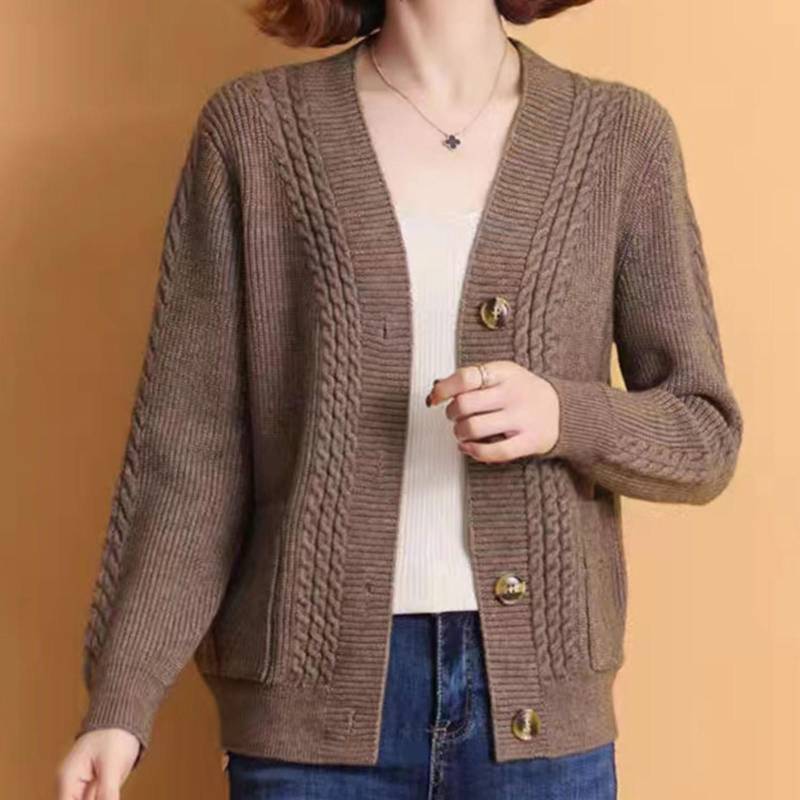 Damen V-Ausschnitt Strickjacke Einfach geknöpft Lässige Mode Pulloverjacke One Size kamelfarben von Joom DACH