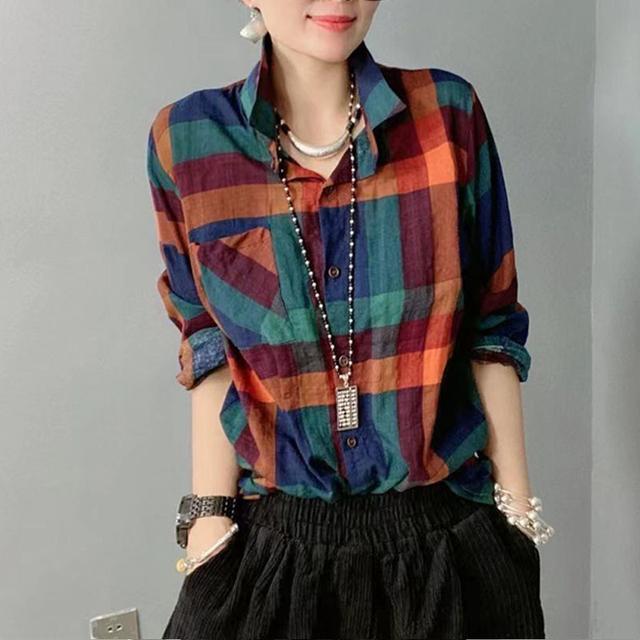 Damen Vintage Klassisch Kariertes Baumwoll Leinen Button Up Hemd Frühling Herbst Mode Langarm Lose Bluse Y2K Streetwear Tops XXXL blau von Joom DACH