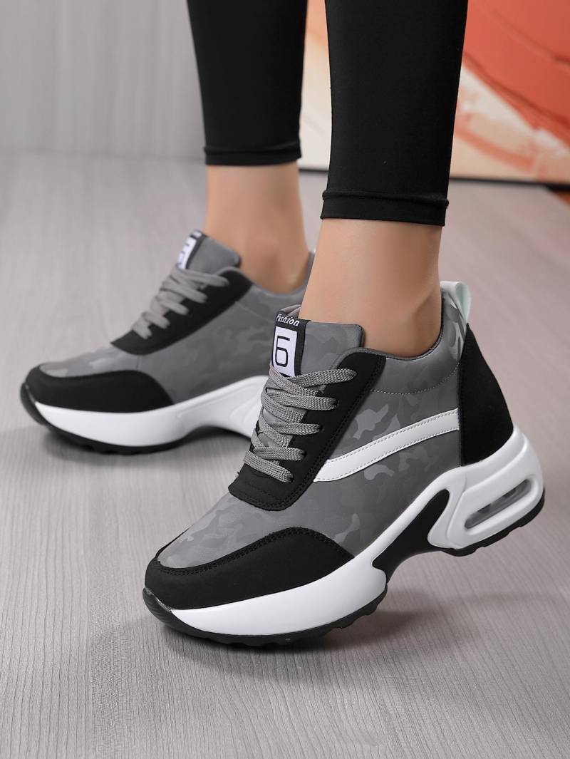 Damen Walking Sneakers Wedges High Top Schnürschuhe Air Kissen Erhöhte Innen Mode Mädchen Sneakers Grau 43 von Joom DACH