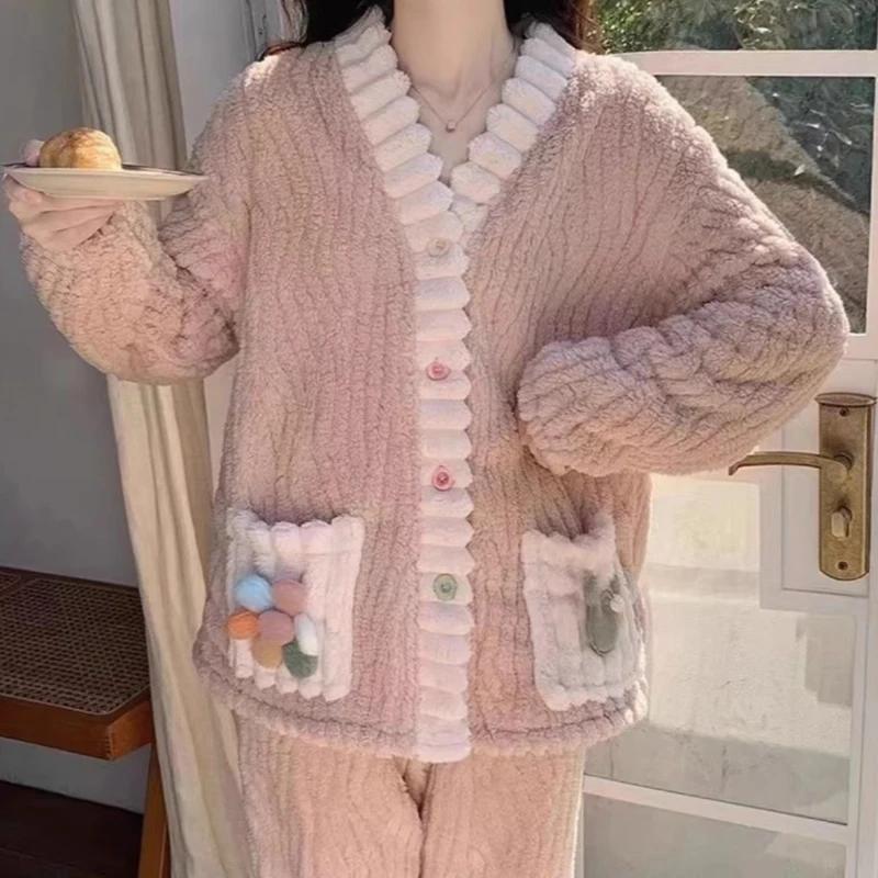 Damen Warmer 2-teiliger Lockerer Cardigan Elastische Taille Hosen Set Floral Samt Pyjama Zuhause Damen Herbst und Winter Wolle Warmes Set One Size rosa von Joom DACH