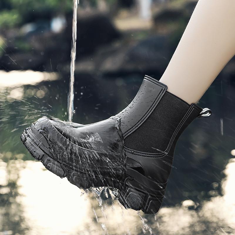 Damen Wasserdichte Stiefel Neuer Stil Elastische Öffnung Stiefeletten Mittelhoch Regenschuhe Rutschfest Outdoor Indoor Chelsea Wasserstiefel Frau 37 schwarz von Joom DACH