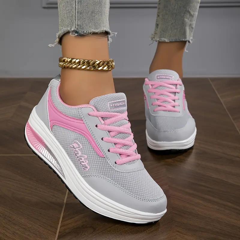 Damen-Wedge-Rocker-Sneaker, lässige, höhenvergrößernde Low-Top-Sneaker zum Schnüren, bequeme Plateauschuhe zum Gehen 43 rosa von Joom DACH