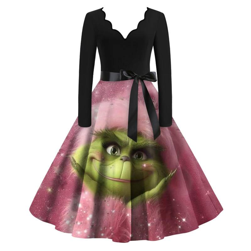 Damen Weihnachten Bedrucktes Patchwork Kontrast V-Ausschnitt Slim Fit Langarm Swing Kleid S rosa von Joom DACH