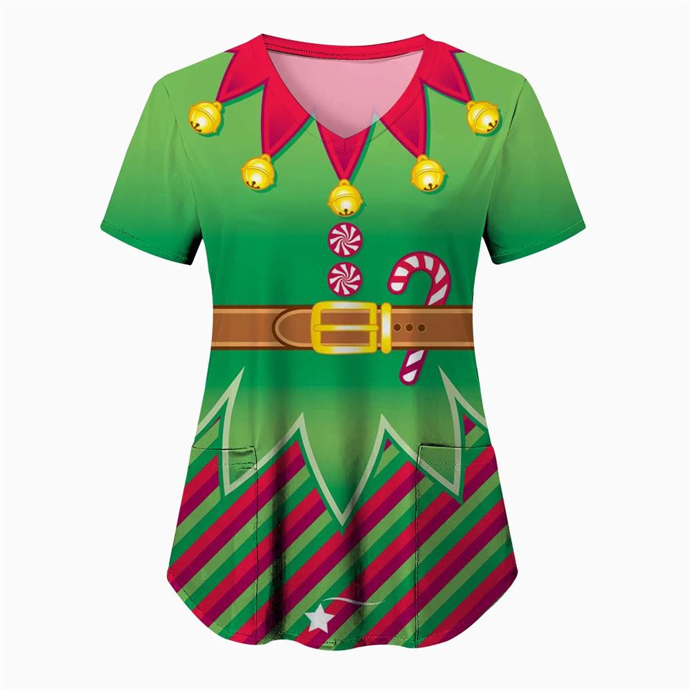 Damen Weihnachts-Pflegekittel, Oberteile, Arbeitsuniform, Bluse, kurzärmliges T-Shirt mit V-Ausschnitt, Blusas, Pflegekleidung, Krankenschwestern-Tunika, Uniform L von Joom DACH
