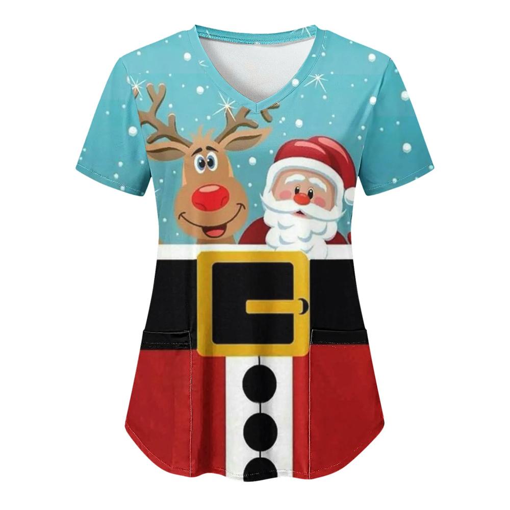 Damen Weihnachts-Pflegekittel, Oberteile, Arbeitsuniform, Bluse, kurzärmliges T-Shirt mit V-Ausschnitt, Blusas, Pflegekleidung, Krankenschwestern-Tunika, Uniform XL von Joom DACH