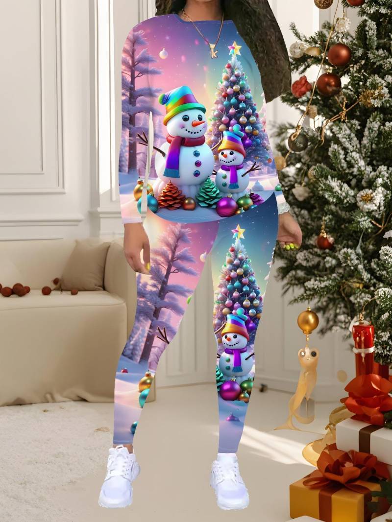 Damen Weihnachts-Print 2-teiliges Outfit: Langärmeliges Oberteil mit Rundhalsausschnitt & Hose, Feiertags-Limited Casual Party Geschenk Anzug XXL violett von Joom DACH