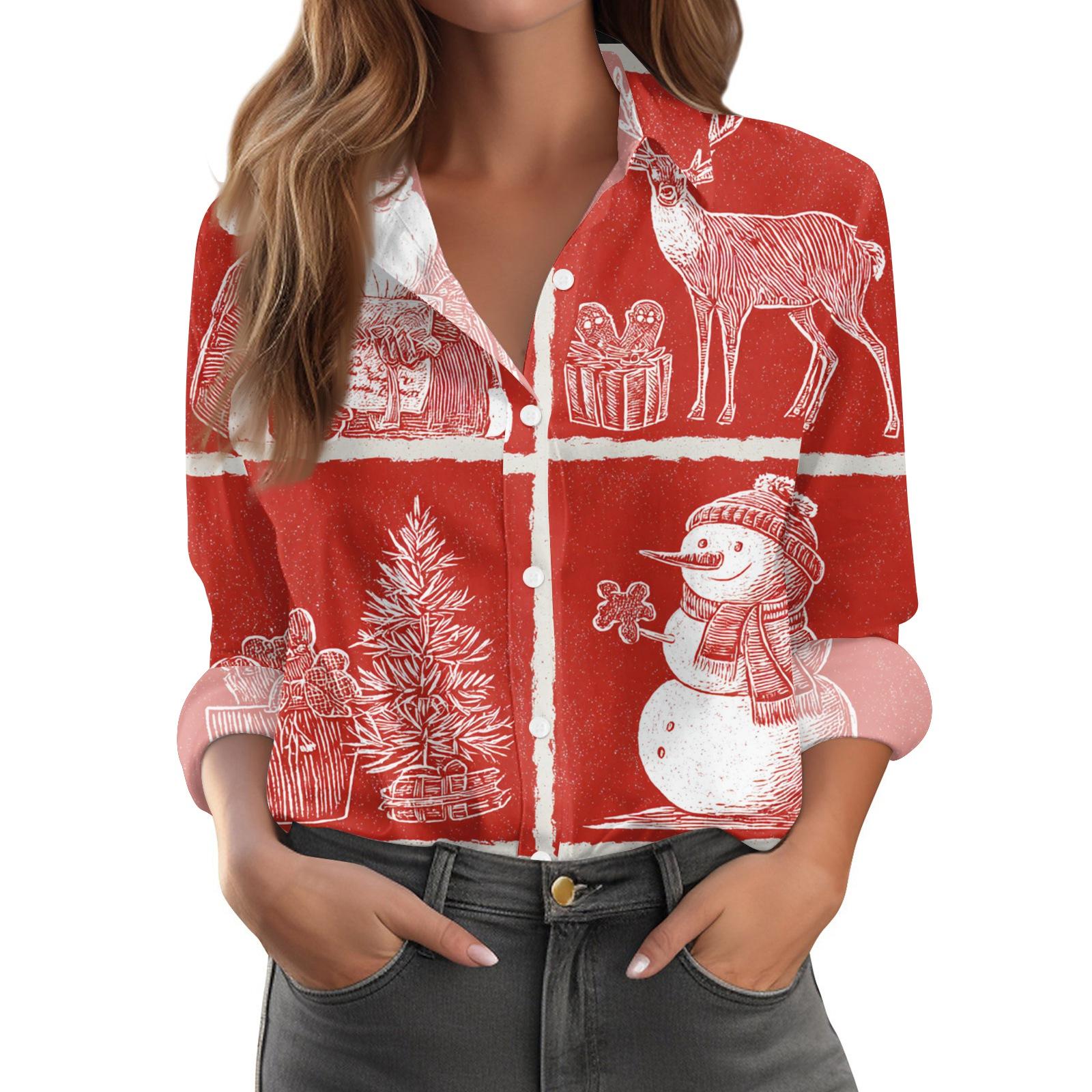Damen Weihnachts-Print Lässiges Halbgeöffneter Kragen Langarmhemd S rot von Joom DACH
