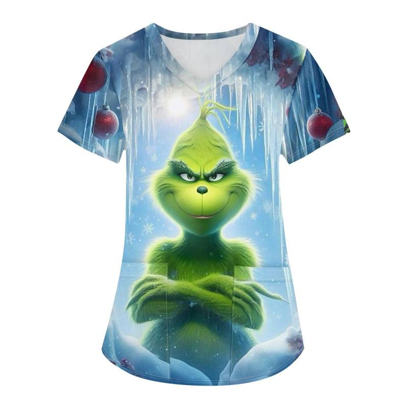 Damen Weihnachtsdruck Uniform Arbeitsuniform V-Ausschnitt Tasche Schutzarbeitsuniform XXL hellblaue von Joom DACH