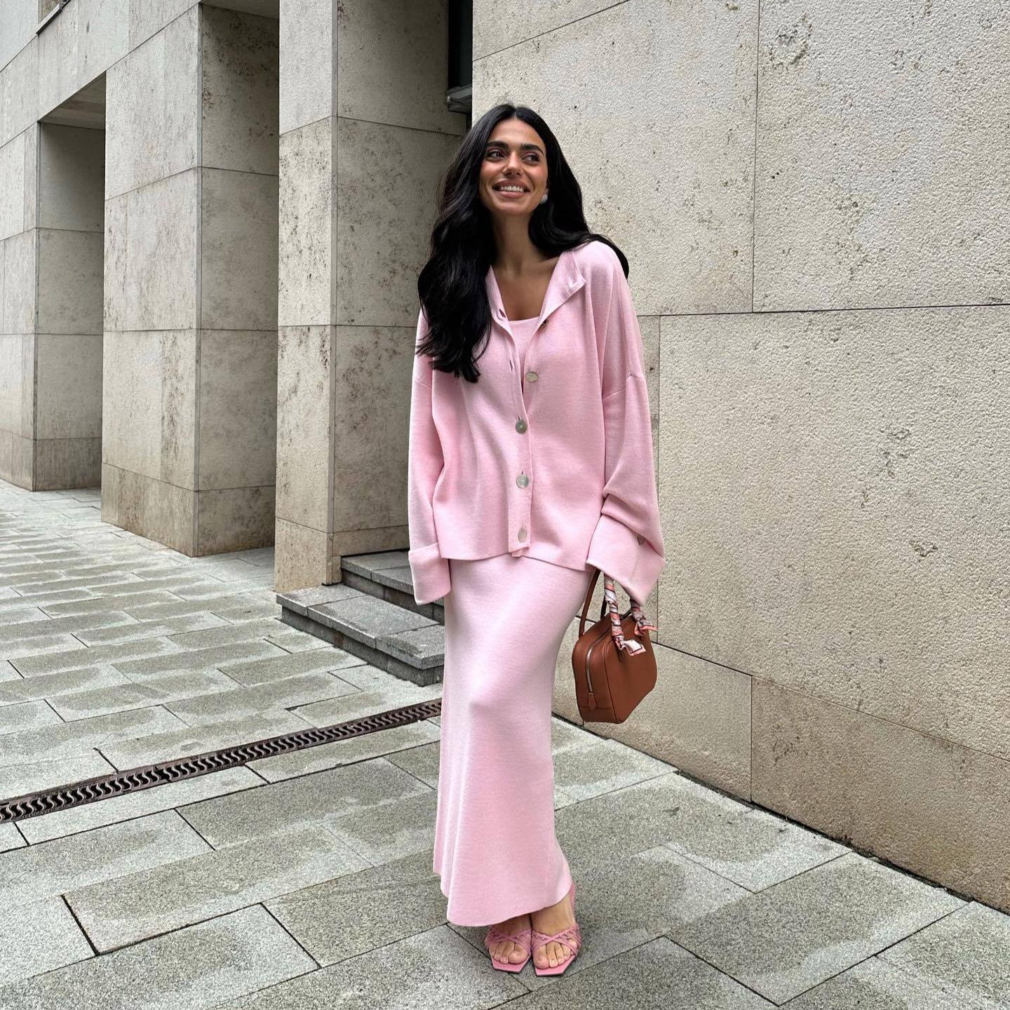 Damen Weiß und Rosa Lockerer Cardigan mit Knopfleiste Set mit Tanktop und langem Rock M rosa von Joom DACH