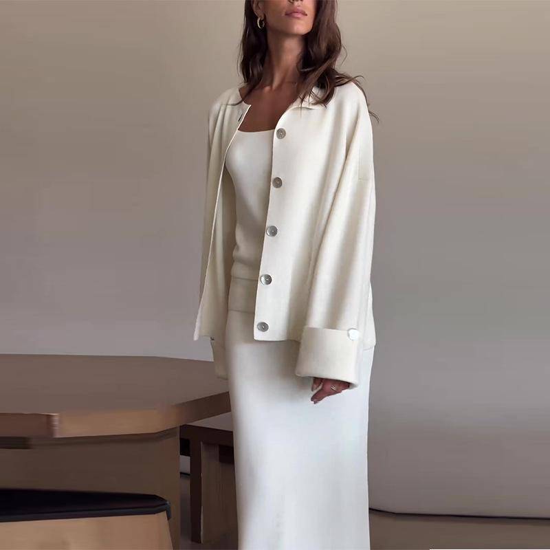 Damen Weiß und Rosa Lockerer Cardigan mit Knopfleiste Set mit Tanktop und langem Rock XXXL von Joom DACH