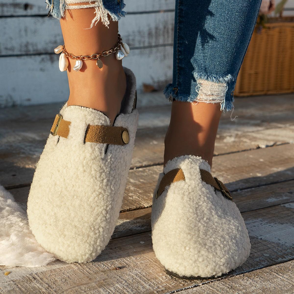 Damen Weite Weite Fellige Birkens Tocks, Plüschgefütterte Slipper Clogs, Outdoor Winter Hausschuhe für Damen 43 beige von Joom DACH