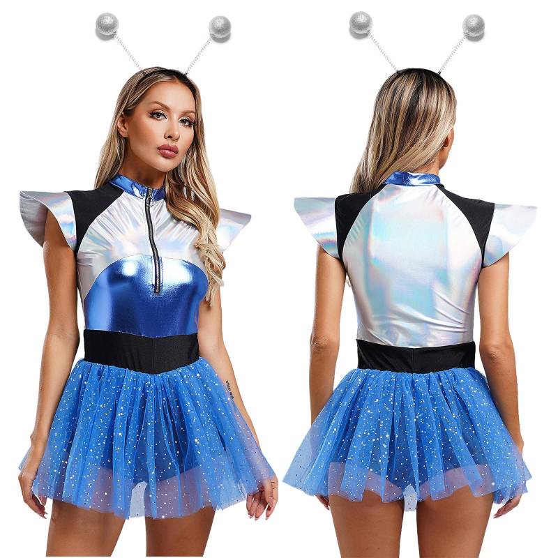 Damen Weltraum Alien Kostüm Astronautenrock Bodysuit Tutu Kleid mit Haarreif M blau von Joom DACH