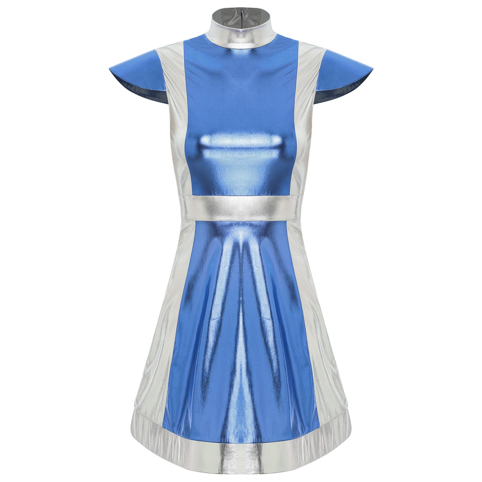 Damen Weltraumkämpfer Kostüm Stehkragen Kappenärmel Metallic Glänzend Kontrast Kleid Alien Verkleidung 3XL hellblaue von Joom DACH