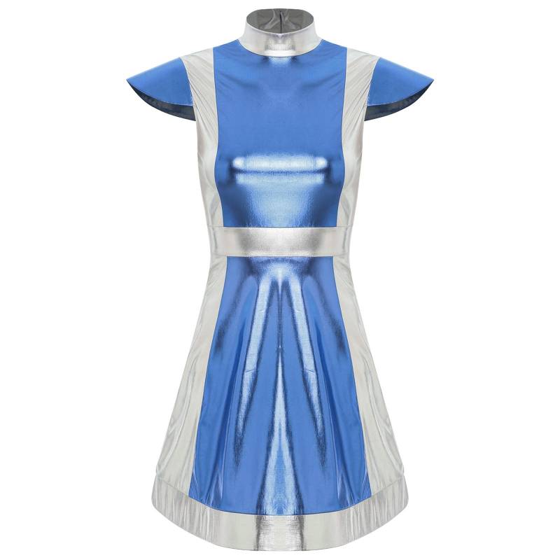 Damen Weltraumkämpfer Kostüm Stehkragen Kappenärmel Metallic Glänzend Kontrast Kleid Alien Verkleidung S von Joom DACH