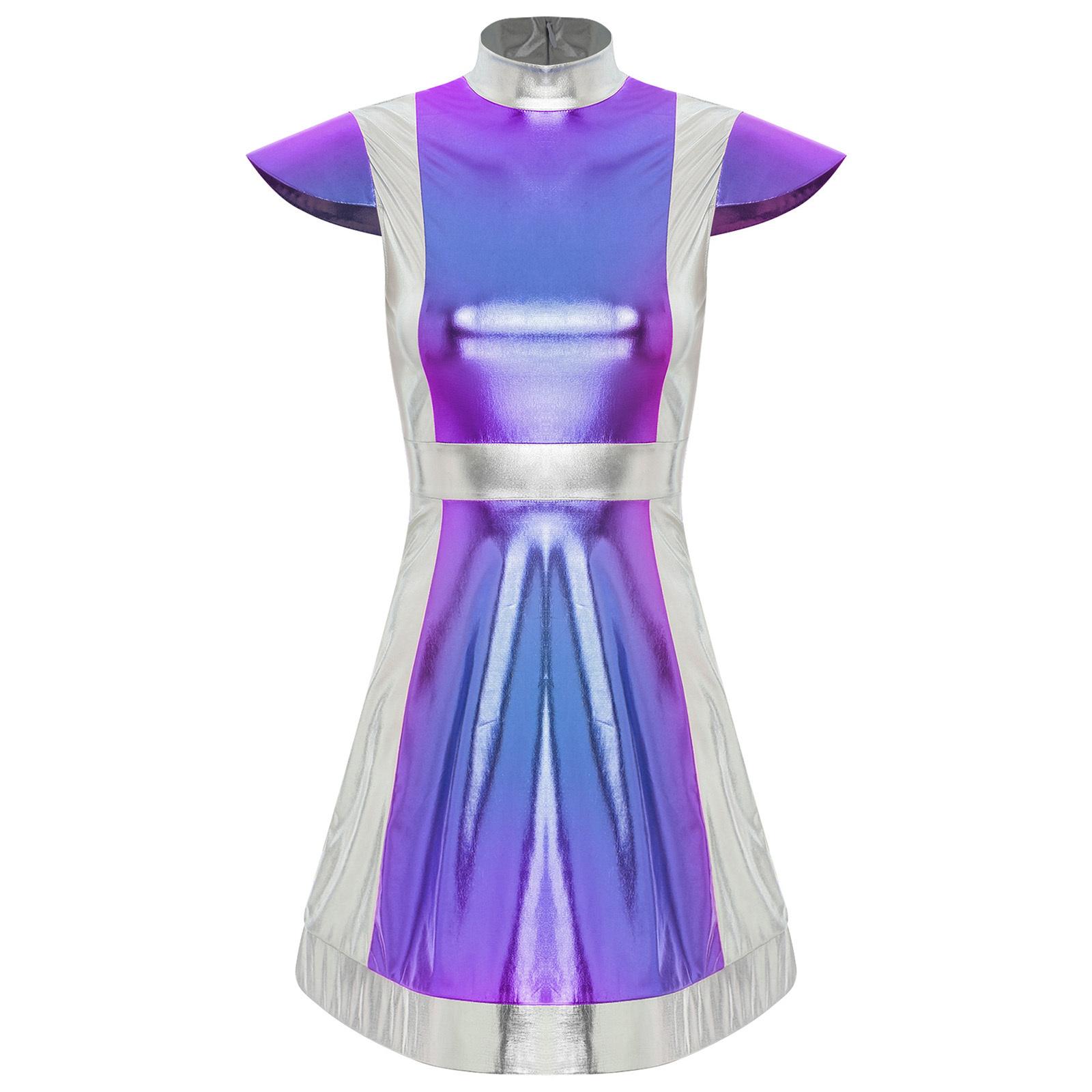 Damen Weltraumkämpfer Kostüm Stehkragen Kappenärmel Metallic Glänzend Kontrast Kleid Alien Verkleidung XL silber von Joom DACH