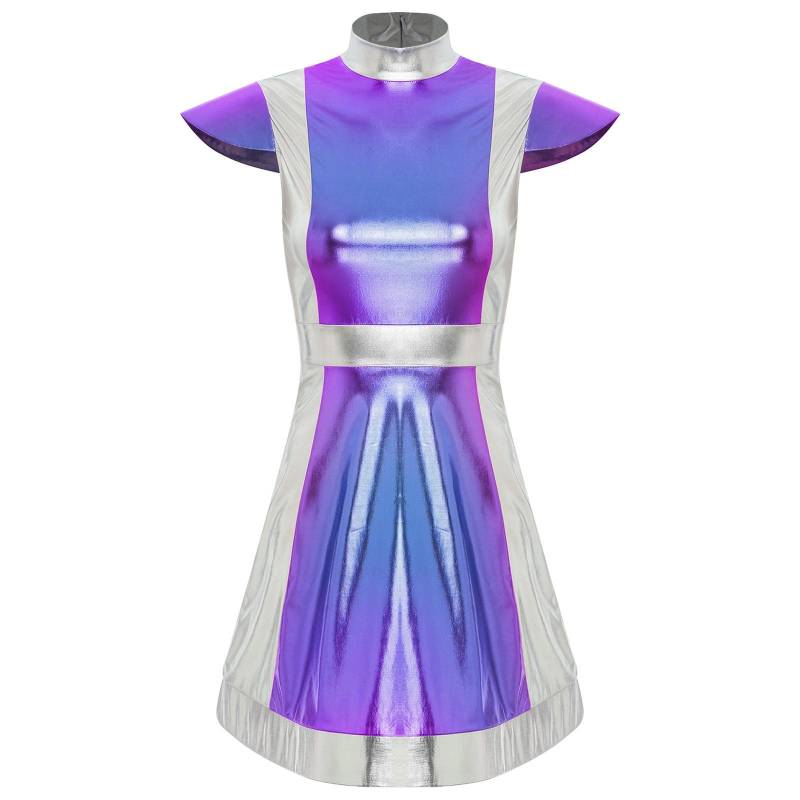 Damen Weltraumkämpfer Kostüm Stehkragen Kappenärmel Metallic Glänzend Kontrast Kleid Alien Verkleidung XL silber von Joom DACH
