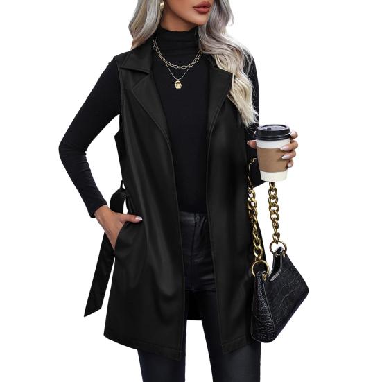 Damen Weste Herbst Frühling Mantel mit Gürtel Schnürung Taille Umlegekragen Glattes Kunstleder Mittellange Strickjacke Pendeln Shopping Lady Weste L schwarz von Joom DACH