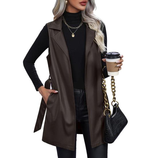Damen Weste Herbst Frühling Mantel mit Gürtel Schnürung Taille Umlegekragen Glattes Kunstleder Mittellange Strickjacke Pendeln Shopping Lady Weste M kaffeebraun von Joom DACH