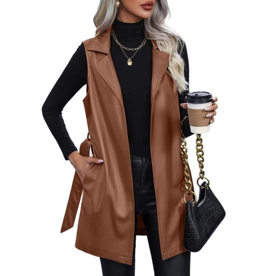 Damen Weste Herbst Frühling Mantel mit Gürtel Schnürung Taille Umlegekragen Glattes Kunstleder Mittellange Strickjacke Pendeln Shopping Lady Weste S braun von Joom DACH