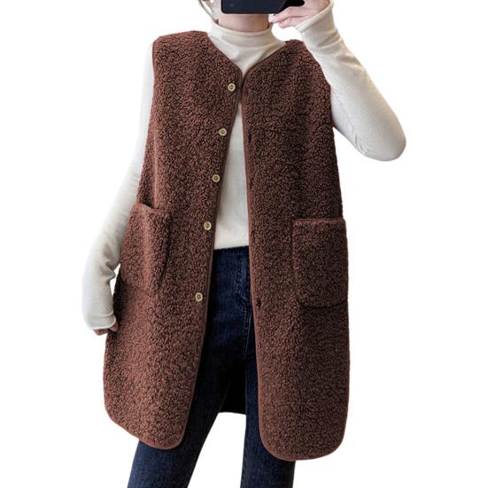 Damen Weste Herbst Winter Rundhals Locker Mittellang Ärmellos Einreihig Taschen Strickjacke Warm Dick Outwear Weste XXXL kaffeebraun von Joom DACH