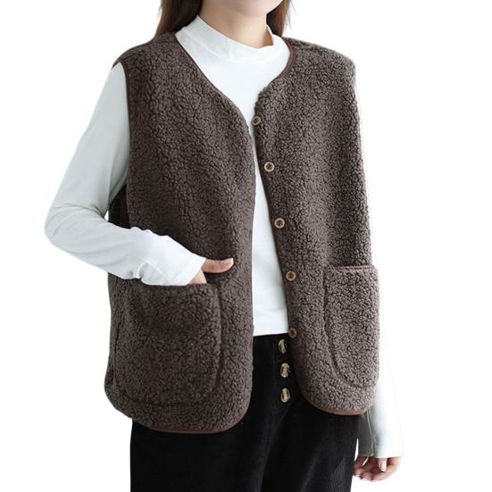 Damen Weste Herbst Winter V-Ausschnitt Fleece Einreihig Doppeltaschen Ärmellos Strickjacke Einfarbig Alltagskleidung Büroweste XXXL kaffeebraun von Joom DACH