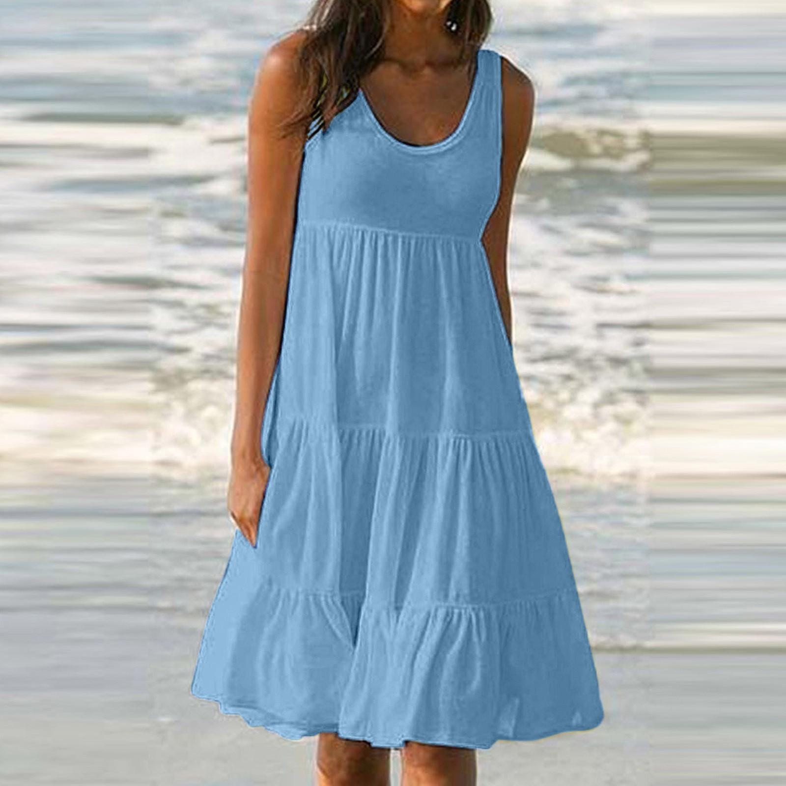 Damen-Weste-Kleider, Sommer, Frühling, plissiert, böhmische Kleider, niedlich, ärmellos, fließend, Strand, gerade, T-Shirt, Tank-Kleider, Rundhals-Kleider XXL Damen-Weste-Kleider, Sommer, Frühling, plissiert, böhmische Kleider, niedlich, ärmellos, fließend, Strand, gerade, T-Shirt, Tank-Kleider, Rundhals-Kleider XXL von Joom DACH