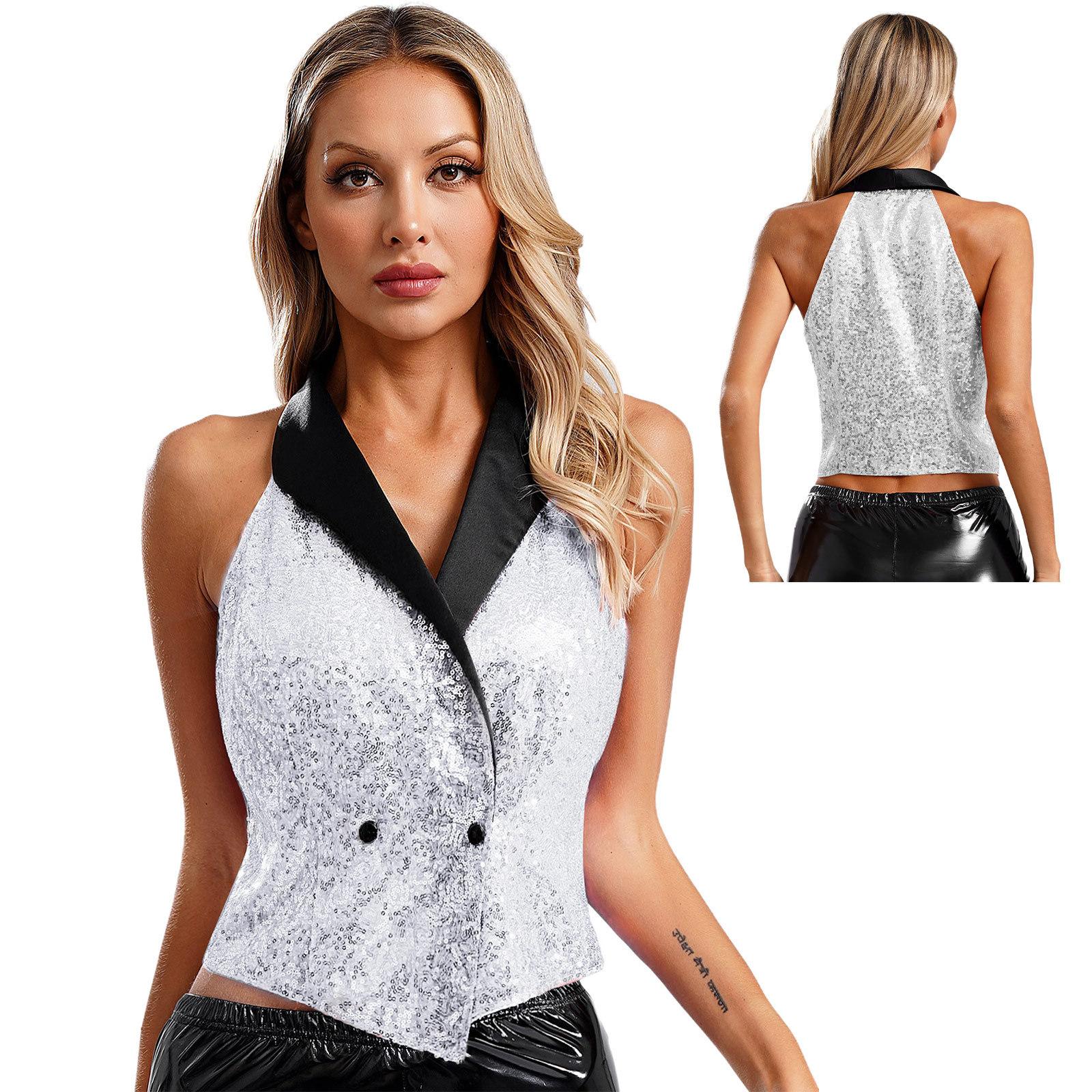 Damen Westen V-Ausschnitt Ärmellos Weste Glitzer Pailletten Anzüge Westen Clubwear Rave Musikfestival Jazz Tanz Party Festliche Oberteile S schwarz von Joom DACH