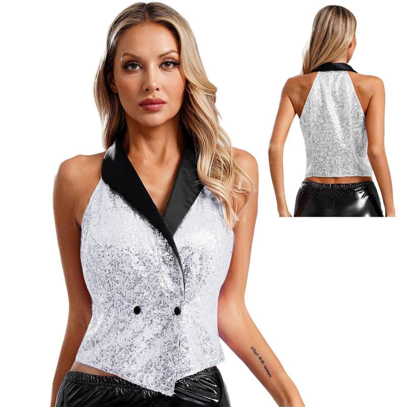 Damen Westen V-Ausschnitt Ärmellos Weste Glitzer Pailletten Anzüge Westen Clubwear Rave Musikfestival Jazz Tanz Party Festliche Oberteile S von Joom DACH