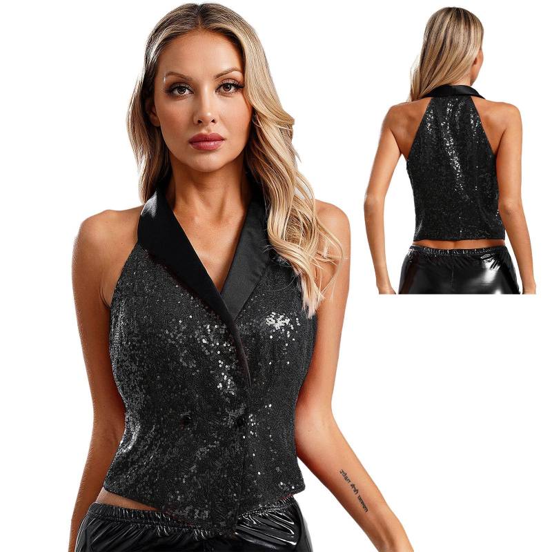Damen Westen V-Ausschnitt Ärmellos Weste Glitzer Pailletten Anzüge Westen Clubwear Rave Musikfestival Jazz Tanz Party Festliche Oberteile S schwarz von Joom DACH
