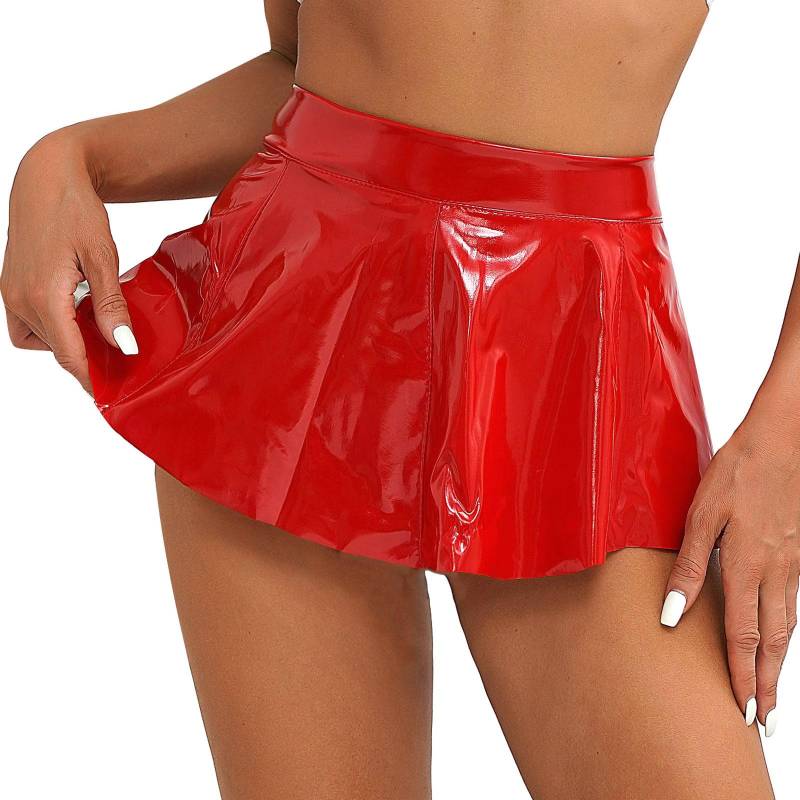 Damen Wet Look Lackleder ausgestellter Rock Clubwear A-Linie Minirock mit Reißverschluss hinten M rot von Joom DACH