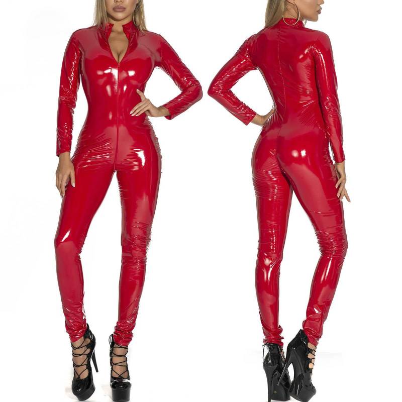Damen Wetlook-Leder-Reißverschluss, figurbetonter Bodysuit, Strampler, Einteiler, Overall, Trikot, Langarm, Catsuit, Clubwear 4XL rot von Joom DACH