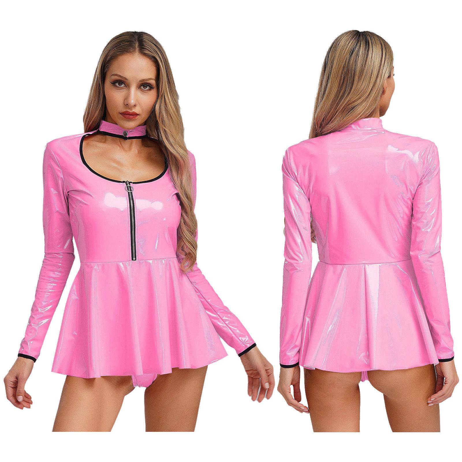 Damen Wetlook PVC Leder Mini Plisseekleid Cutout Reißverschluss Club Party Kleid XL rosa von Joom DACH