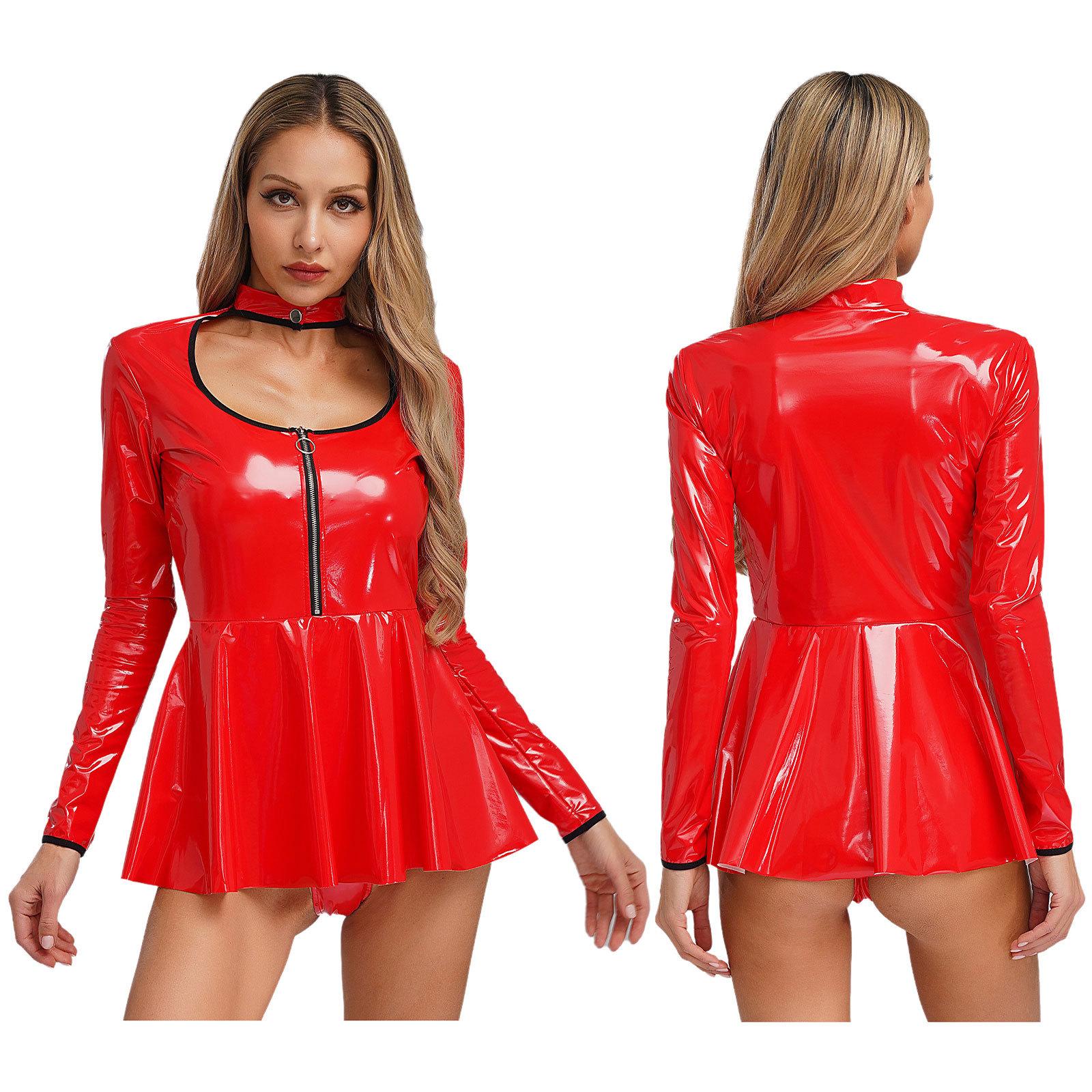 Damen Wetlook PVC Leder Mini Plisseekleid Cutout Reißverschluss Club Party Kleid XXL rot von Joom DACH