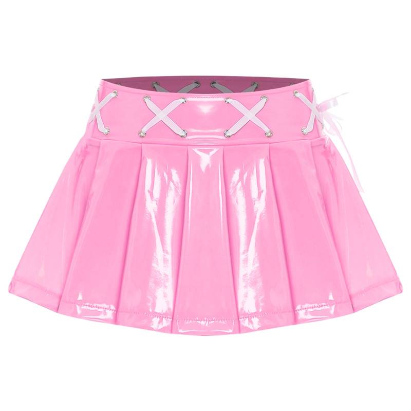 Damen Wetlook Plissee Lacklederrock Schnürband Minirock Rave Club Party Outfit 3XL rosa von Joom DACH