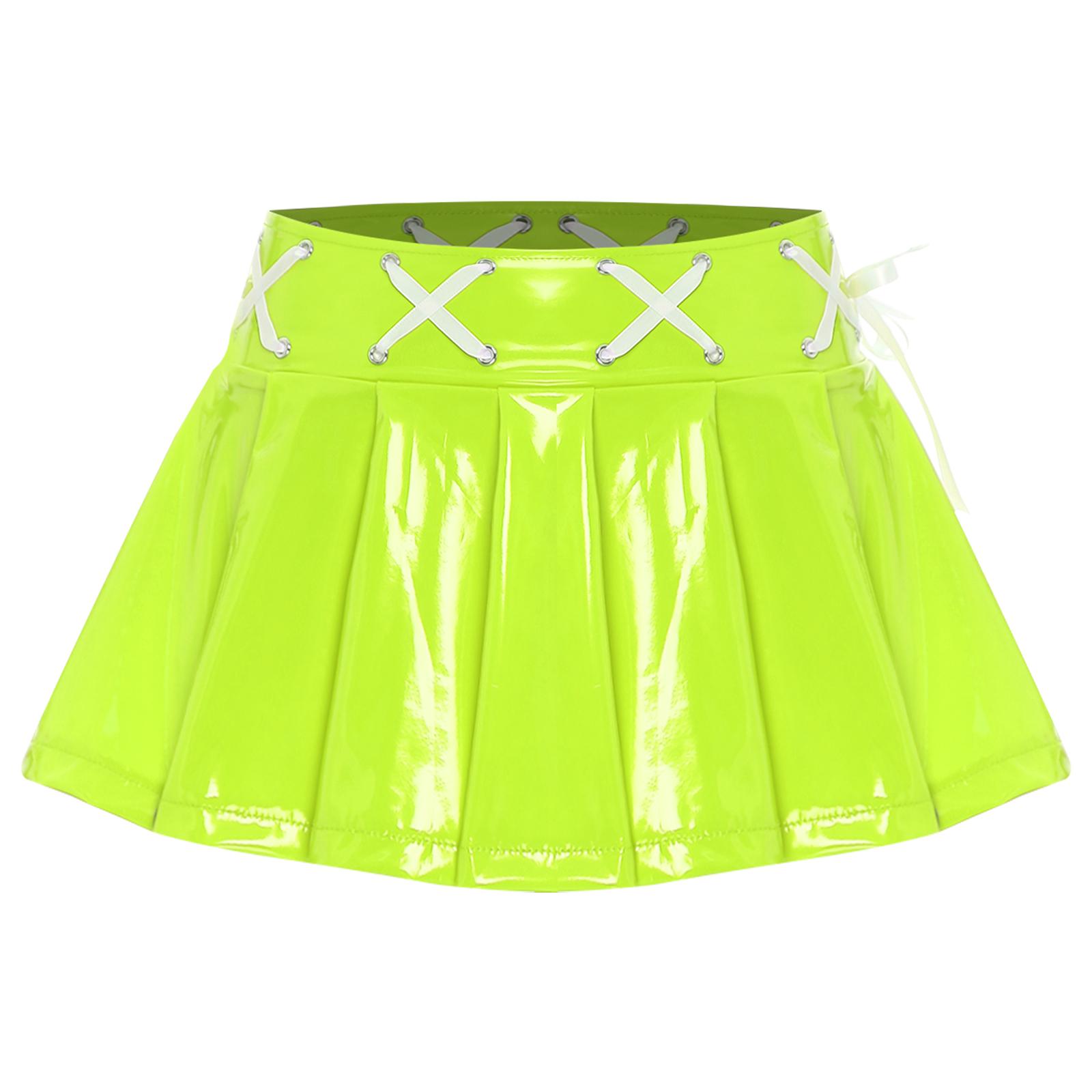 Damen Wetlook Plissee Lacklederrock Schnürband Minirock Rave Club Party Outfit M fluoreszierende gelbe von Joom DACH