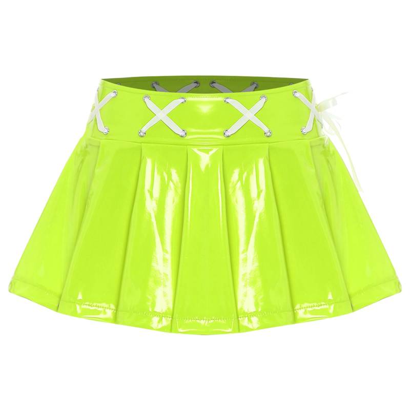 Damen Wetlook Plissee Lacklederrock Schnürband Minirock Rave Club Party Outfit M fluoreszierende gelbe von Joom DACH
