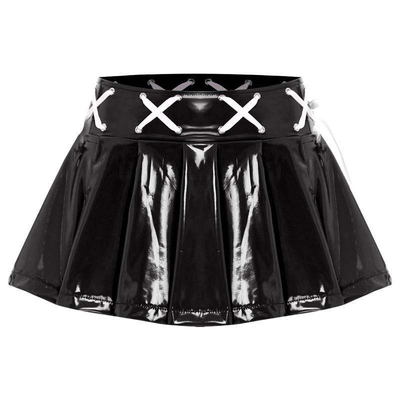 Damen Wetlook Plissee Lacklederrock Schnürband Minirock Rave Club Party Outfit schwarz von Joom DACH