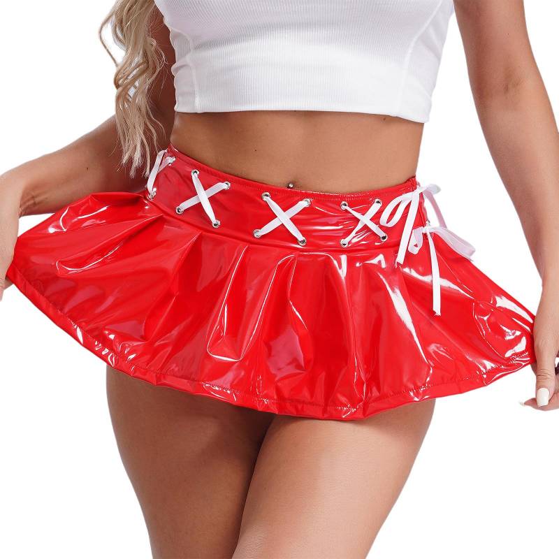 Damen Wetlook Plissee Lacklederrock Schnürband Minirock Rave Club Party Outfit S rot von Joom DACH