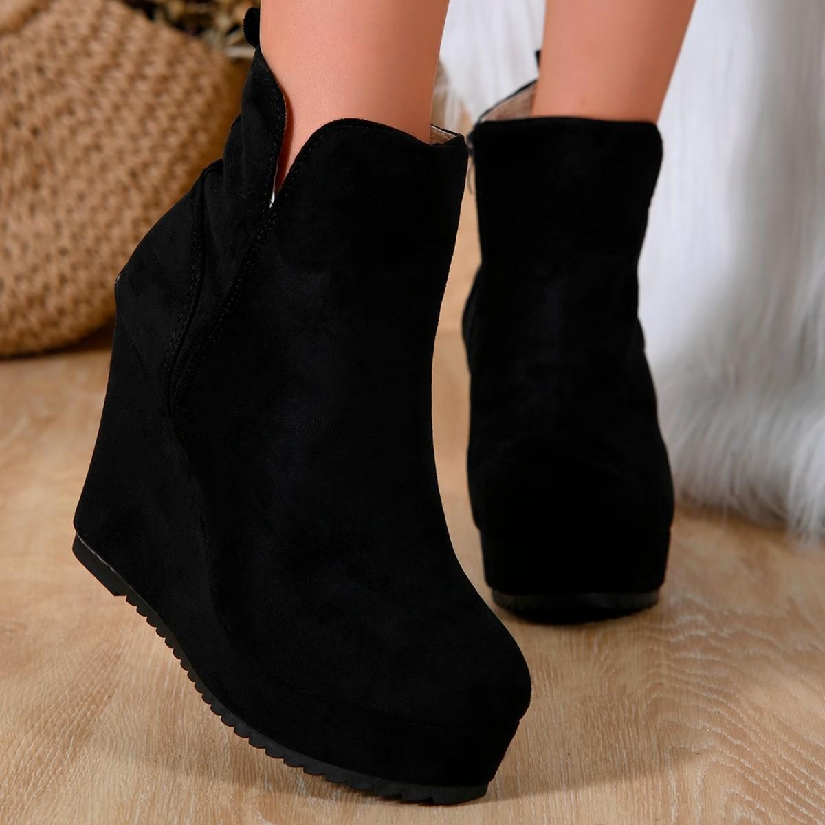 Damen Wildleder Keil Stiefeletten, Seitlicher Reißverschluss Plateau Winter Stiefeletten, Europäischer Stil Dicke Sohle Schuhe für Damen 40 schwarz von Joom DACH