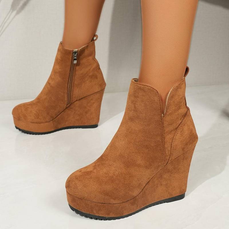 Damen Wildleder Keil Stiefeletten, Seitlicher Reißverschluss Plateau Winter Stiefeletten, Europäischer Stil Dicke Sohle Schuhe für Damen 43 von Joom DACH