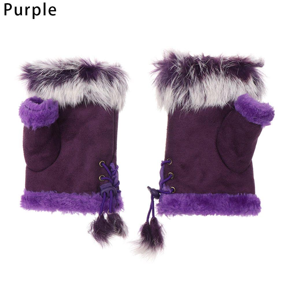 Damen Wildleder Winter Handgelenk Fäustling Kaninchenfell Fingerlose Handschuhe Winterhandschuh violett von Joom DACH