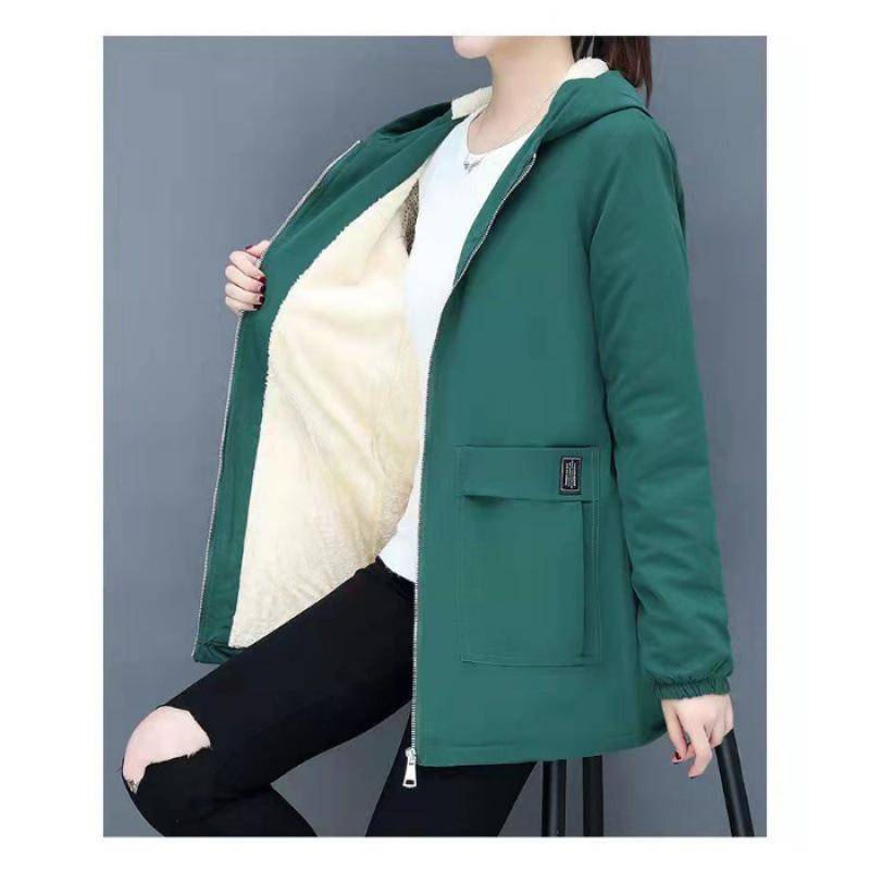 Damen-Windjacke aus Baumwolle in Übergröße, mittellang, mit Samtfutter – modischer dicker Mantel für Herbst/Winter (300 Jin) 6XL dunkelgrüne von Joom DACH